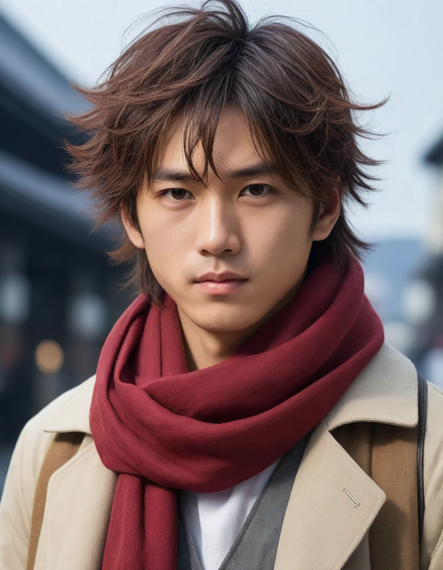 1man, perfect face, Young Japanese man wearing a red scarf and a somewhat old and worn brown jacket, best quality ,masterpiece, illustration, extremely detailed ,CG ,unity ,8k wallpaper, Amazing, finely detail, masterpiece,best quality,official art,extremely detailed CG unity 8k wallpaper,absurdres, incredibly absurdres, huge filesize, ultra-detailed, highres, extremely detailed, messy hair, japanese boy, japan young man, completely white t-shirt, battered red scarf, ryoma nagare, cream coat,18yo, 18 years old, age 18,