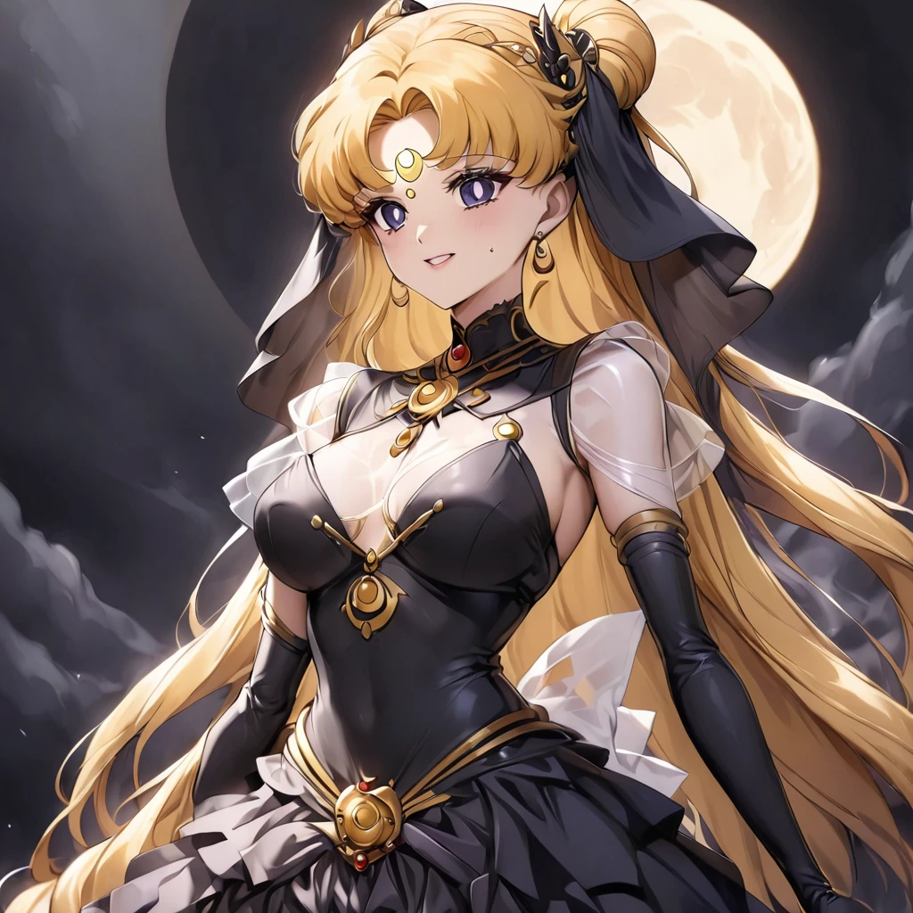 ((Highest quality)), ((masterpiece)), (detailed), (Perfect Face)、Black moon mark on forehead、The woman is the Dark Queen of the Black Moon of the Black Moon Clan, Black Serenity, and has blonde hair.2The woman with long hair tied up is Princess Serenity、The woman has a black inverted crescent moon mark on her forehead, is wearing a gorgeous black gothic Victorian dress, a black veil and a black see-through cape, is the queen of darkness, is the jet-black Princess Serenity, and has a happy expression as she looks at the camera, with the expression of a maiden in love.