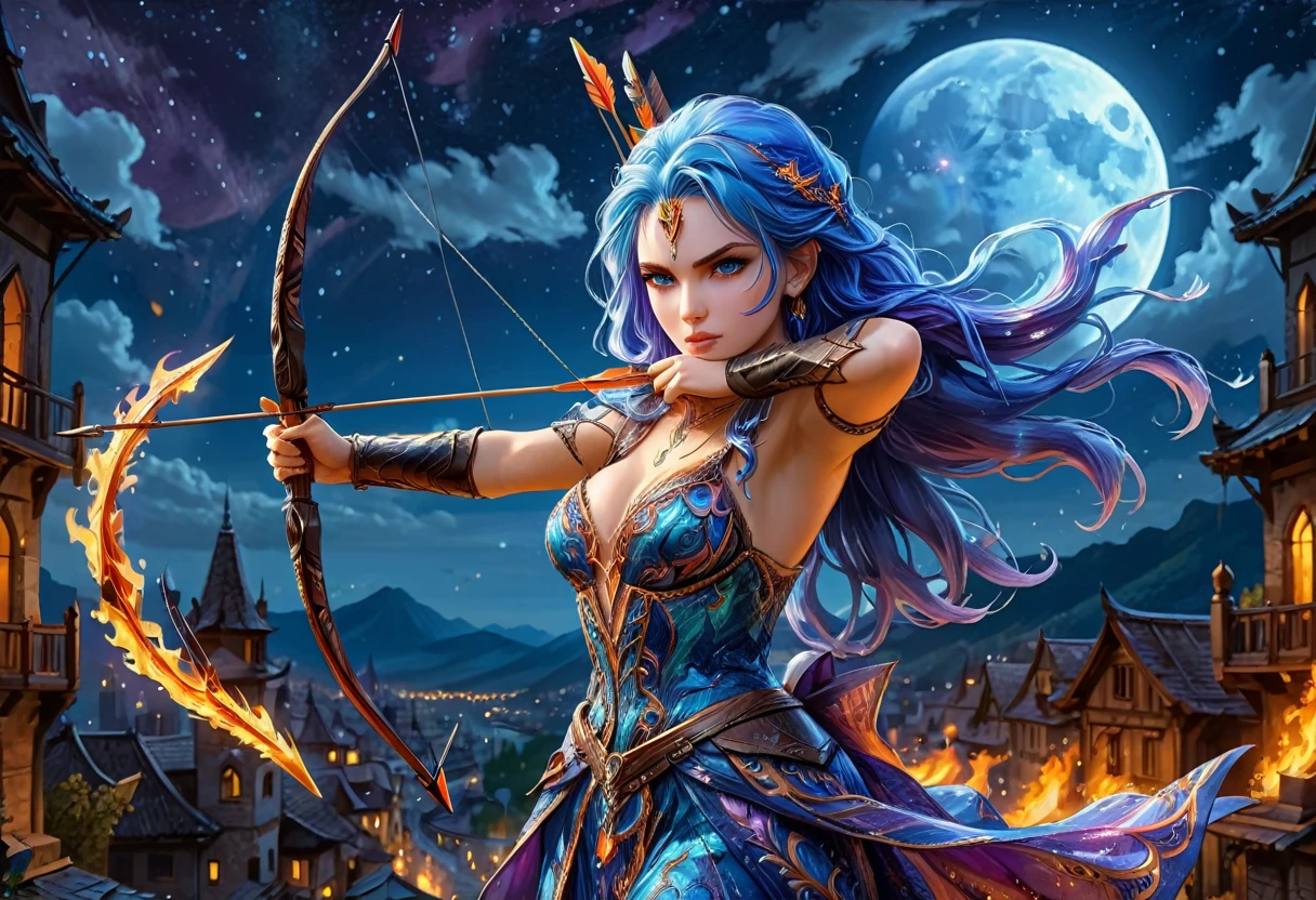 a picture of fire sorceress firing a flaming arrow from a magnificent epic bow, an (elite glamour beautiful: 1.2), fire sorceress, ultra detailed face,  perfect face, blue hair, long hair, wavy hair, wearing wild glamour dress, intricate dress, purple dress , with fire patterns on it, aiming an epic bow with a (diamond tip arrowhead: 1.4),  dynamic bow, sting drawn to the cheek , arrow ready to be shot, dynamic bow, sting drawn to the cheek , arrow ready to be shot, it is night, moon light, starry night, cloudy night,  high details, best quality, 16k, [ultra detailed], masterpiece, best quality, (extremely detailed), dynamic angle, full body shot, fantasy urban street at night bacground,  ,faize, firing and arrow, bow (weapon)