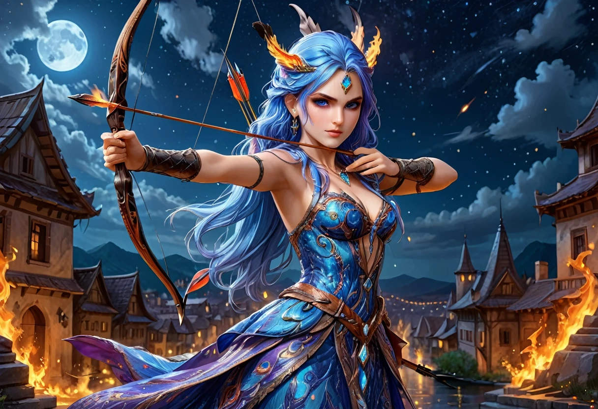 a picture of fire sorceress firing a flaming arrow from a magnificent epic bow, an (elite glamour beautiful: 1.2), fire sorceress, ultra detailed face,  perfect face, blue hair, long hair, wavy hair, wearing wild glamour dress, intricate dress, purple dress , with fire patterns on it, aiming an epic bow with a (diamond tip arrowhead: 1.4),  dynamic bow, sting drawn to the cheek , arrow ready to be shot, dynamic bow, sting drawn to the cheek , arrow ready to be shot, it is night, moon light, starry night, cloudy night,  high details, best quality, 16k, [ultra detailed], masterpiece, best quality, (extremely detailed), dynamic angle, full body shot, fantasy urban street at night bacground,  ,faize, firing and arrow, bow (weapon)