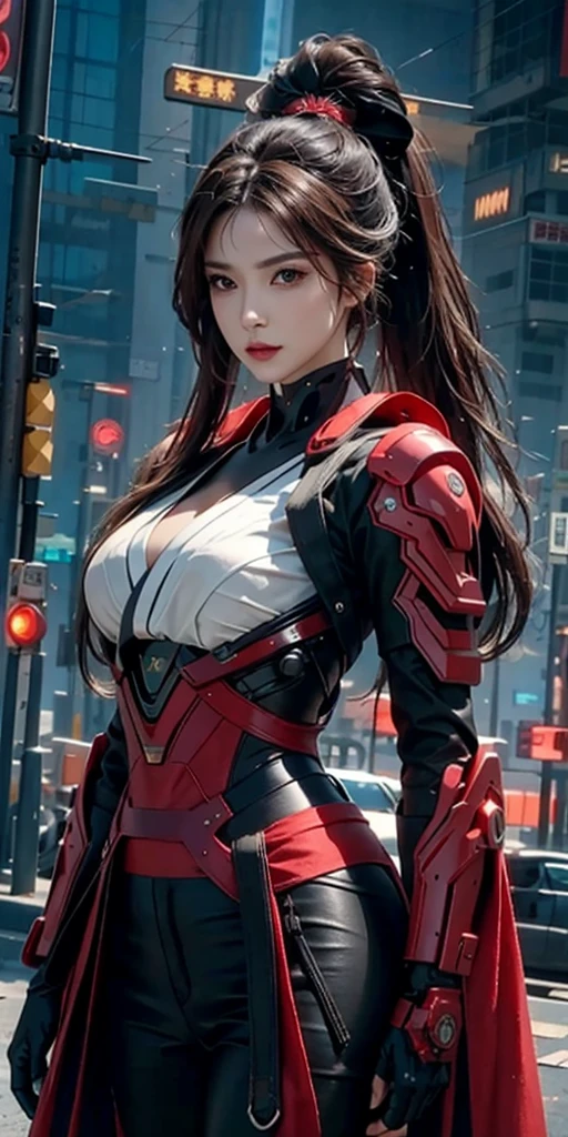 photorealistic, high resolution, soft light,1women, solo, hips up, (detailed face), red long hair, cybersamurai, cyborg, cyberpunk,  cyber armor, holding bow,glowing,on the street , kimono , 
