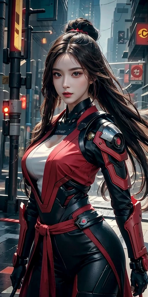 photorealistic, high resolution, soft light,1women, solo, hips up, (detailed face), red long hair, cybersamurai, cyborg, cyberpunk, cyber armor, holding bow,glowing,on the street , kimono ,