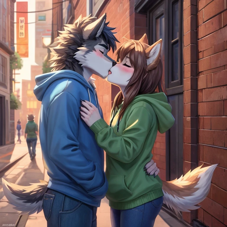 Masterpiece, best quality, One anthro furry wolf girl, One anthro furry wolf boy, an all brown anthro wolfs, anthro boy wears blue hoodie and black farmer jeans, anthro girl wears Green hoodie and Blue farmer jeans, anthro girl close her eyes, anthro boy close his eyes, kissing, blushed faces, romantic atmosphere, in the street