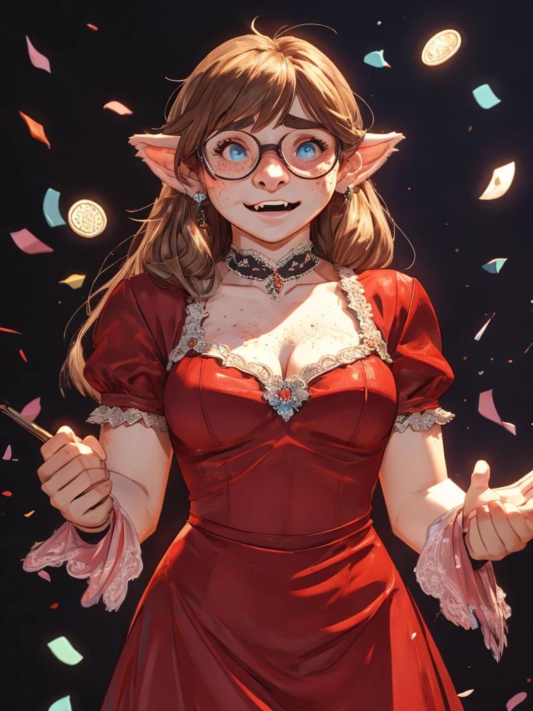 (ugly face female) , (Freckles on face:0.9) , Ugly expression , shy geek , perfect beautiful body , Too much exposed skin luxury party dress , clothed erotica , Chest protrusion , Awkward dancing