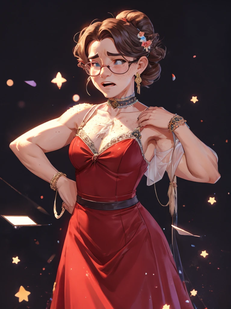 (ugly face female) , (Freckles on face:0.9) , Ugly expression , shy geek , perfect beautiful body , Too much exposed skin luxury party dress , clothed erotica , Chest protrusion , Awkward dancing