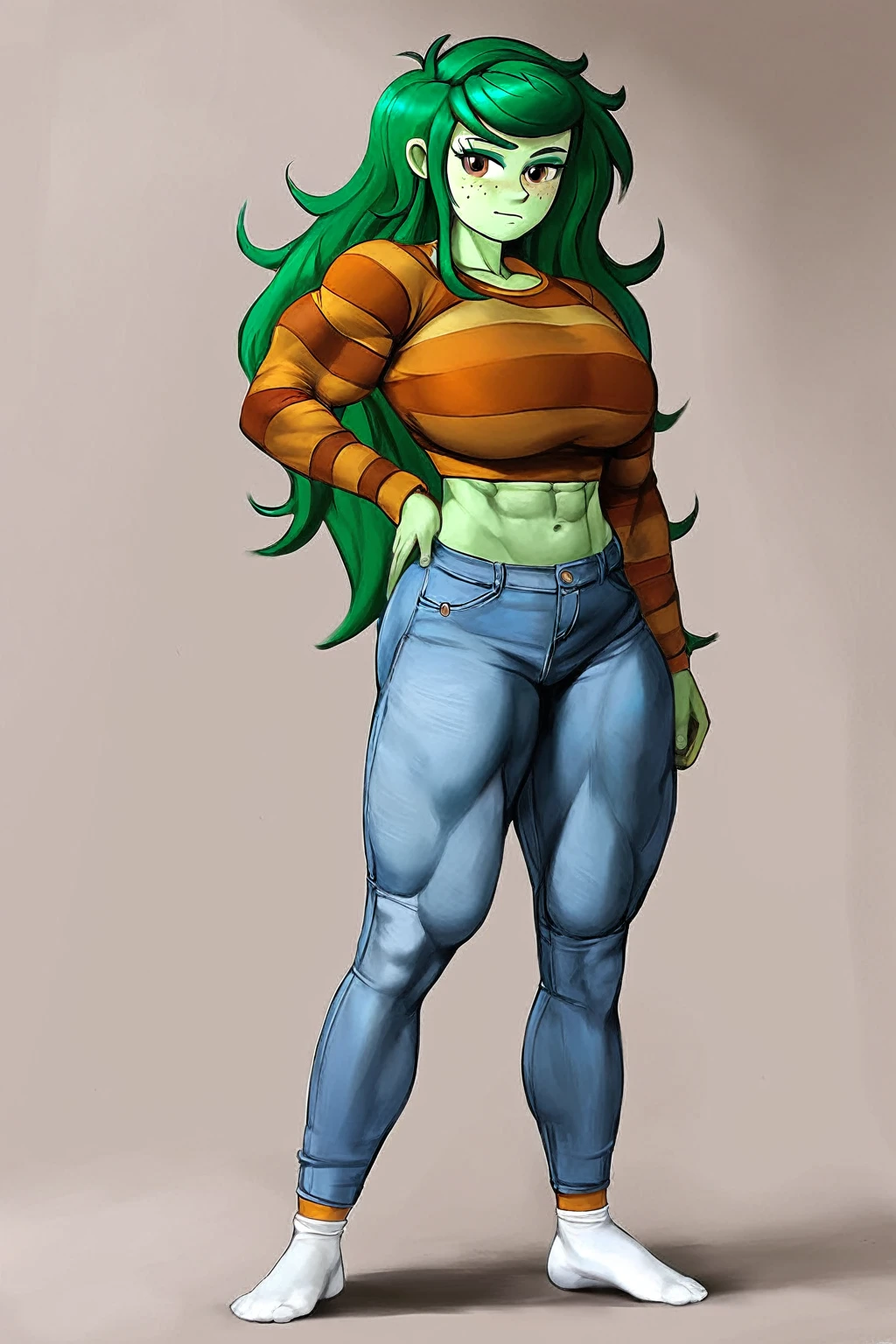 bfwf, (wallflower blush:1.3), my little pony, g4, (equestria girls), solo, human, colored skin, green skin, brown eyes, green eyeshadow, eyelashes, freckles, expressionless, closed mouth, green hair, long hair, muscular female, huge muscles, vein bulge, busty, huge breasts, trapezius, collarbone, pectorals, armpits, deltoids, biceps, triceps, forearm_muscles, hands, palms, fingers, 5 fingers, serratus, abs, obliques, linea alba, navel, wide hips, butt, quads, thick thighs, calves, feet, toes, toenails, soles, clothing, red underwear, turtleneck sweater, long sleeves, midriff, denim pants, white socks, standing, hand_on_own_hip, simple background, score_9, score_8_up, score_7_up, score_6_up, score_5_up, score_4_up, rating_explicit, spotlight