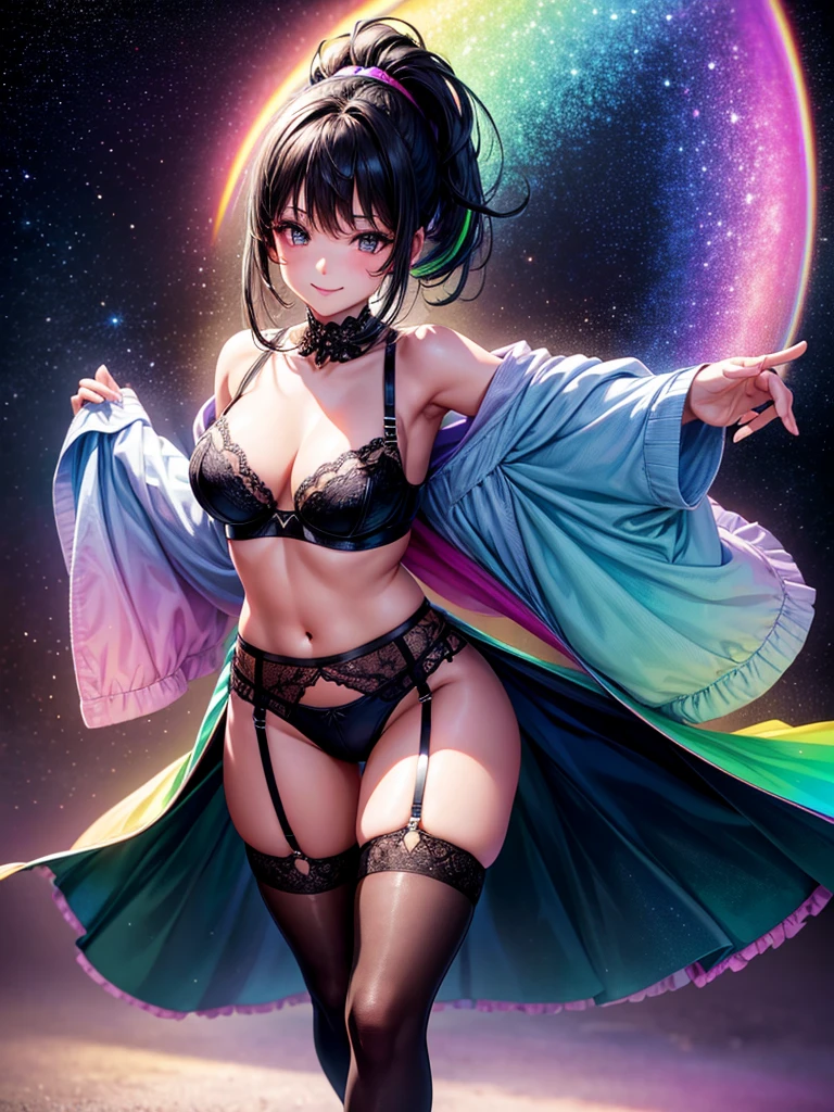 Highest quality,Highest Resolution,4K quality,Smiling beautiful girl,Full body close-up,Starry Eyes,Black hair ponytail,,Iridescent Bra,High leg,Rainbow garter belt,Rainbow colored knee-high stockings,Dark bedroom at ht,Iridescent underwear,Standing posture,