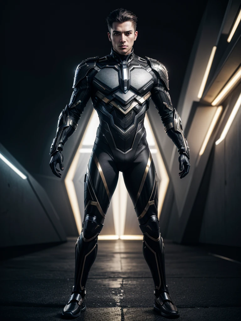 Super advanced technological suit, futurist, ultra detailed 4k, black with gold and silver lines, diseño futurist, full body man
