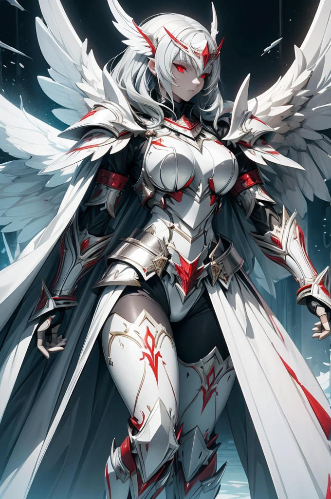 female valkirie knight, full body art, silver hair, white skin, Red eye, knight full plate adorned armor, white cape, perfectly detailed, plasma wings.