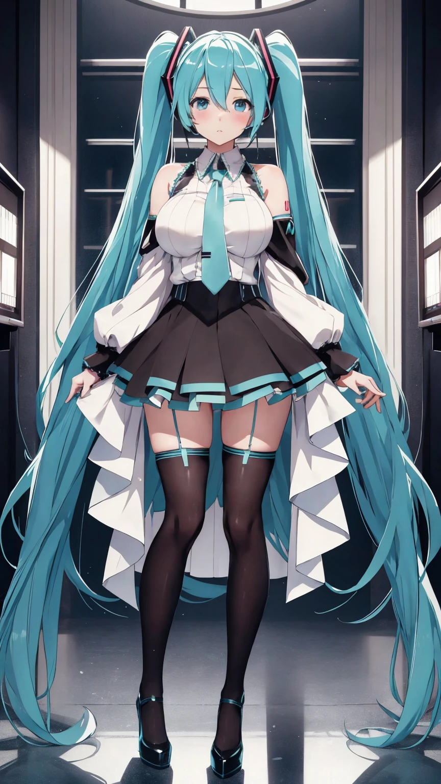 Masterpiece、Hatsune Miku VOCALOID、Twin tails、Big Breasts、A suit that fits、High heels、whole body、Glare、blush、8K、Highest quality、