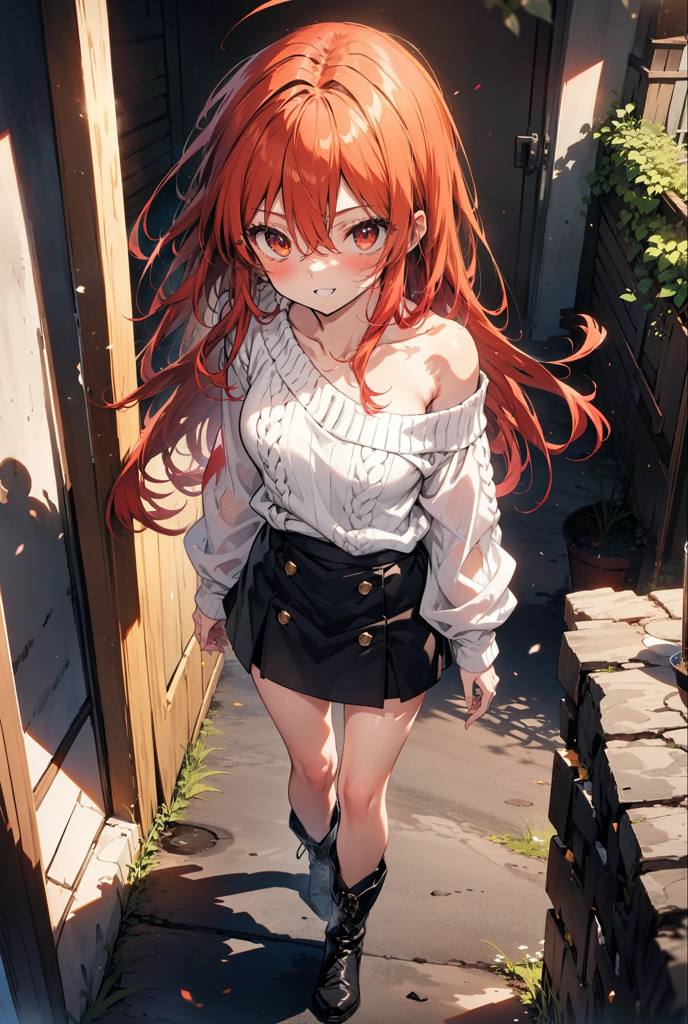 Shana,灼眼のShana,Long Hair, Redhead, Red eyes,Ahoge,happy smile, smile, Open your mouth,Oversized red one-shoulder sweater,black long skirt,short boots,Daytime,sunny,Walking,whole bodyがイラストに入るように, break outdoors, Building district, break looking at viewer, whole body, break (masterpiece:1.2), Highest quality, High resolution, unity 8k wallpaper, (shape:0.8), (Beautiful attention to detail:1.6), Highly detailed face, Perfect lighting, Highly detailed CG, (Perfect hands, Perfect Anatomy),