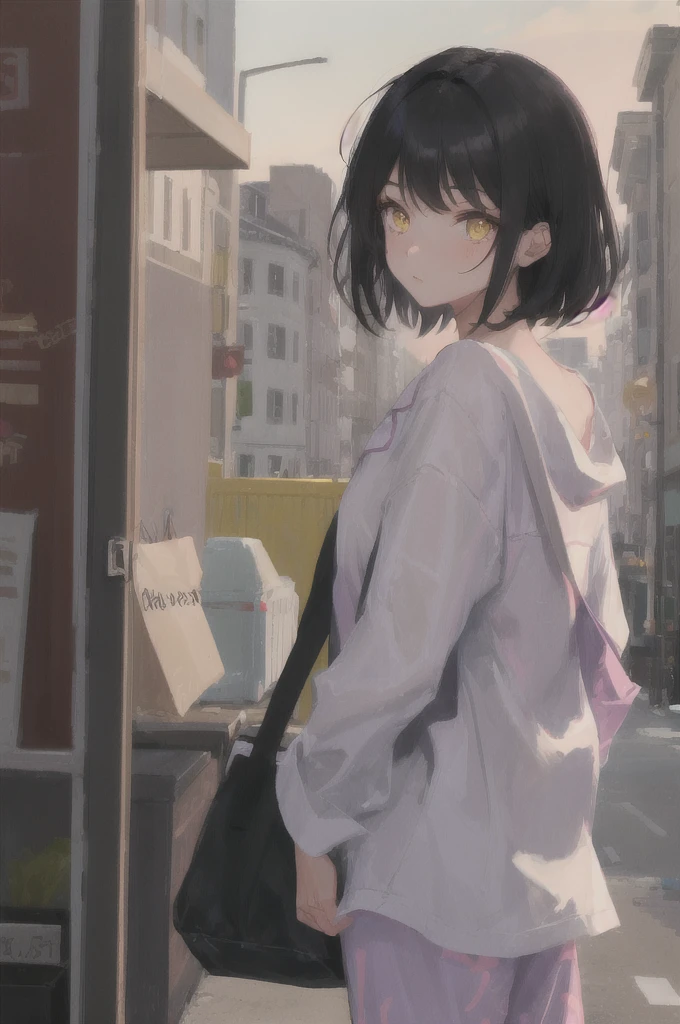 1girl, one girl, Black hair, yellow eyes, black pijamas,
