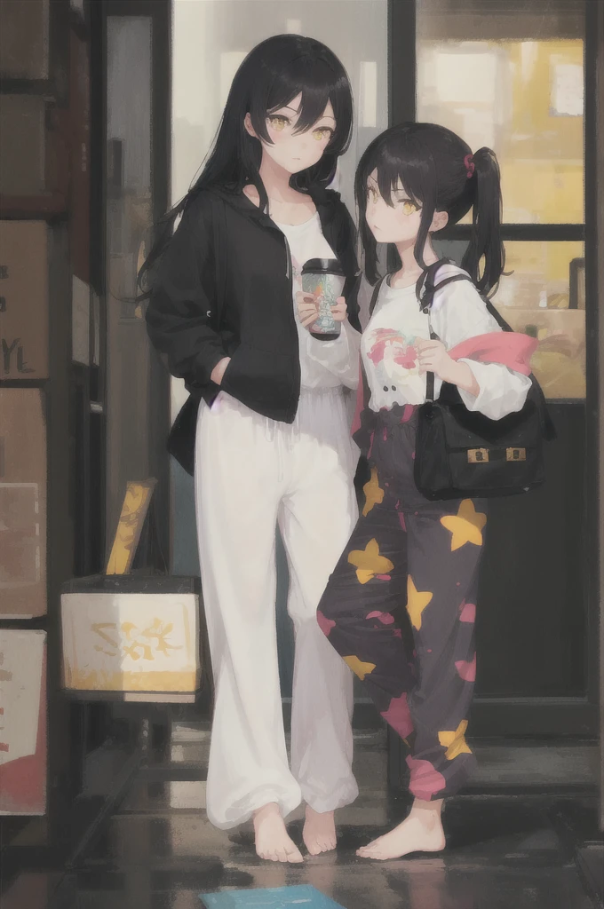 1girl, one girl, Black hair, yellow eyes, black pijamas,