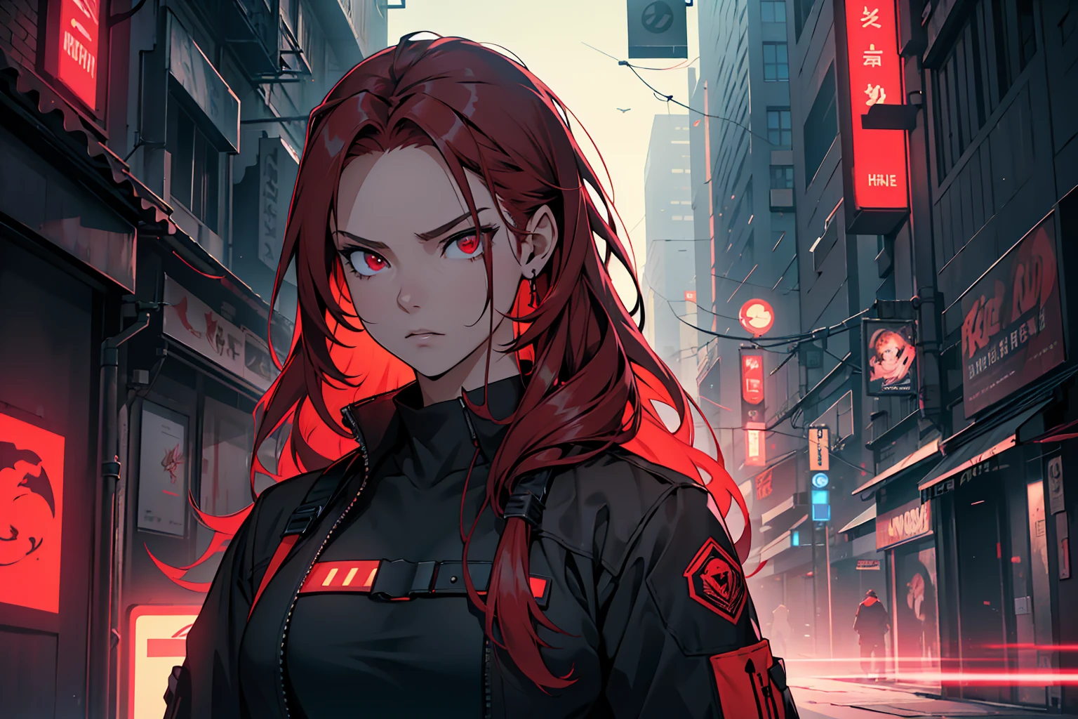 (masterpiece, best quality, Detailed), detailed face. A cinematographic scene of a serious badass long red hair girl, red eyes, with black techwear clothes, Neon lights and buildings background