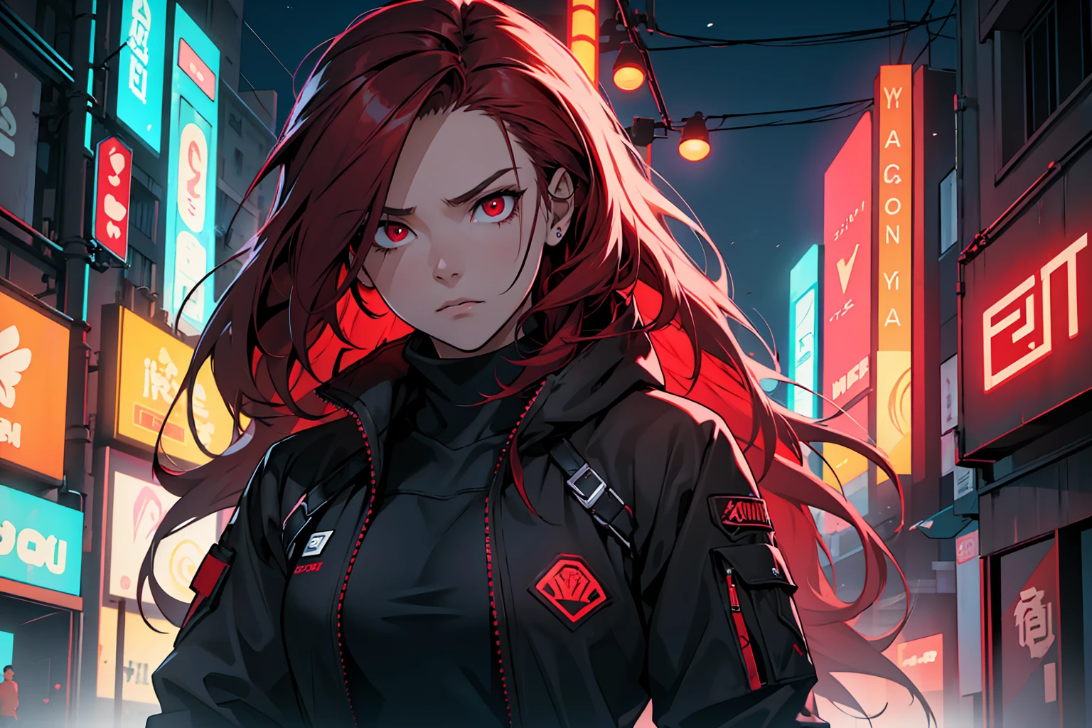 (masterpiece, best quality, Detailed), detailed face. A cinematographic scene of a serious badass long red hair girl, red eyes, with black techwear clothes, Neon lights and buildings background