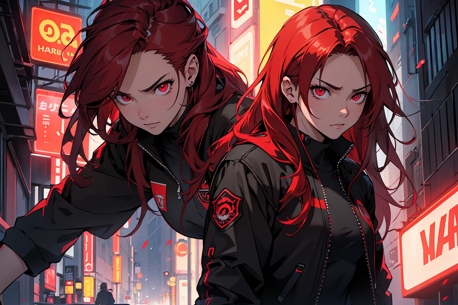 (masterpiece, best quality, Detailed), detailed face. A cinematographic scene of a serious badass long red hair girl, red eyes, with black techwear clothes, Neon lights and buildings background
