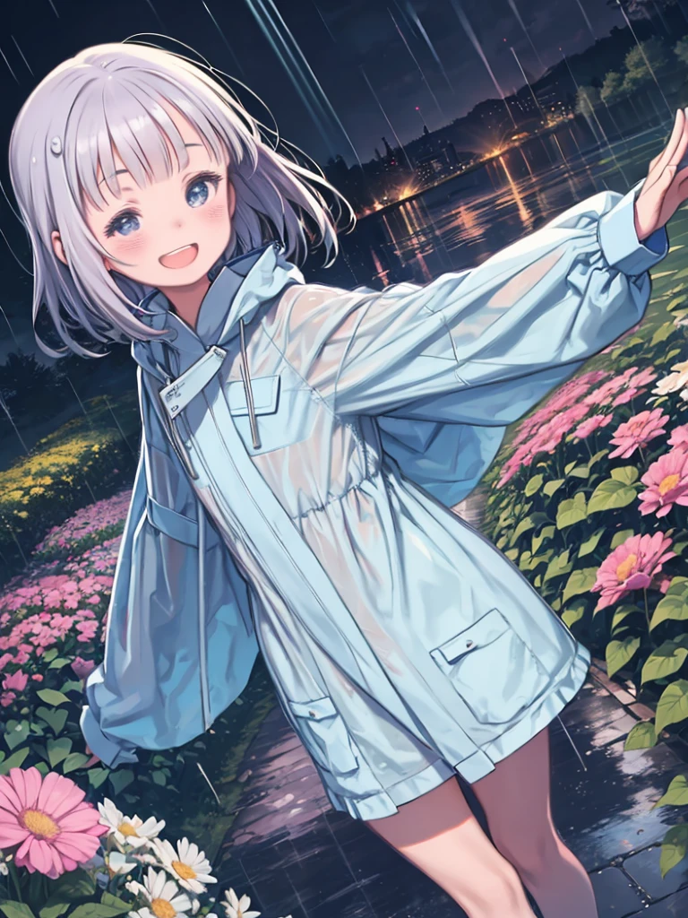masutepiece, Best Quality,Illustration, Wallpaper, Ultra Detail, absurderes, 1girl in, Solo, (Medium short hair、short braided hair), Beautiful detailed eyes, rainfall、water dripping、wetting hair , Wet clothes, (Street:1.3), Cloudy sky、Laughing、kirakira