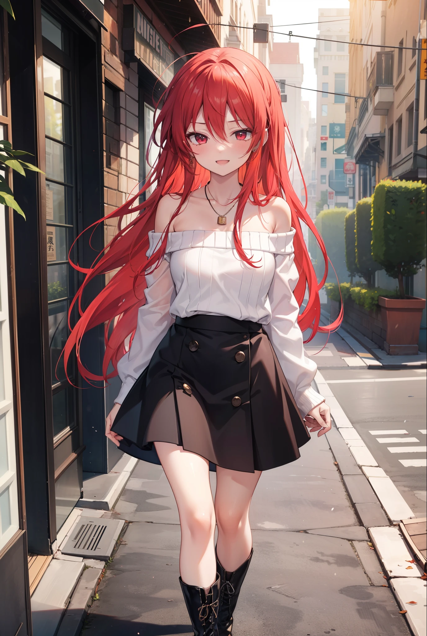 Shana,灼眼のShana,Long Hair, Redhead, Red eyes,Ahoge,happy smile, smile, Open your mouth,Oversized off-the-shoulder sweater,Bare shoulders,bare clavicle,Bare neck,Locket Necklace,black long skirt,short boots,Daytime,sunny,Walking,whole bodyがイラストに入るように, break outdoors, Building district, break looking at viewer, whole body, break (masterpiece:1.2), Highest quality, High resolution, unity 8k wallpaper, (shape:0.8), (Beautiful attention to detail:1.6), Highly detailed face, Perfect lighting, Highly detailed CG, (Perfect hands, Perfect Anatomy),