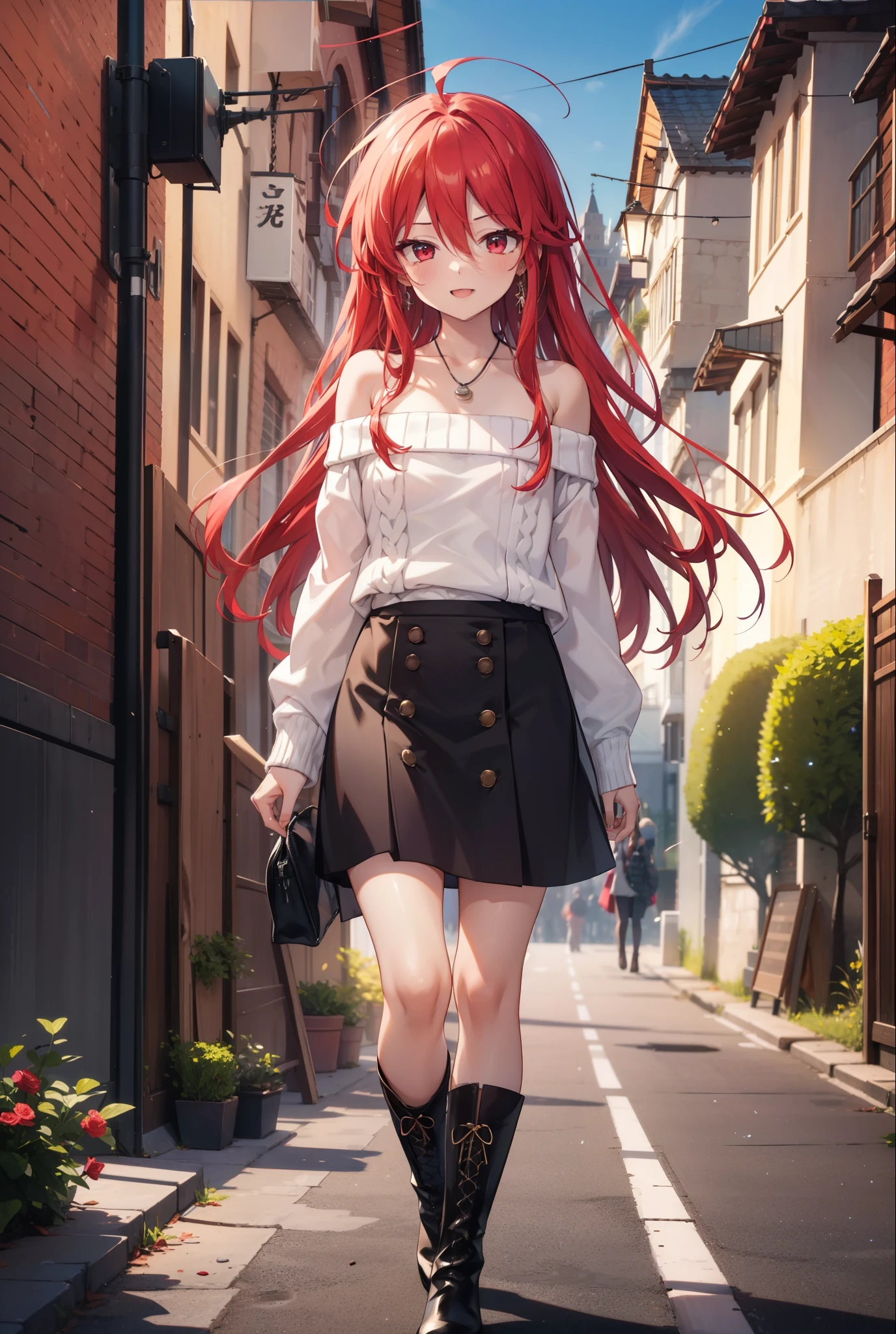 Shana,灼眼のShana,Long Hair, Redhead, Red eyes,Ahoge,happy smile, smile, Open your mouth,Oversized off-the-shoulder sweater,Bare shoulders,bare clavicle,Bare neck,Locket Necklace,black long skirt,short boots,Daytime,sunny,Walking,whole bodyがイラストに入るように, break outdoors, Building district, break looking at viewer, whole body, break (masterpiece:1.2), Highest quality, High resolution, unity 8k wallpaper, (shape:0.8), (Beautiful attention to detail:1.6), Highly detailed face, Perfect lighting, Highly detailed CG, (Perfect hands, Perfect Anatomy),