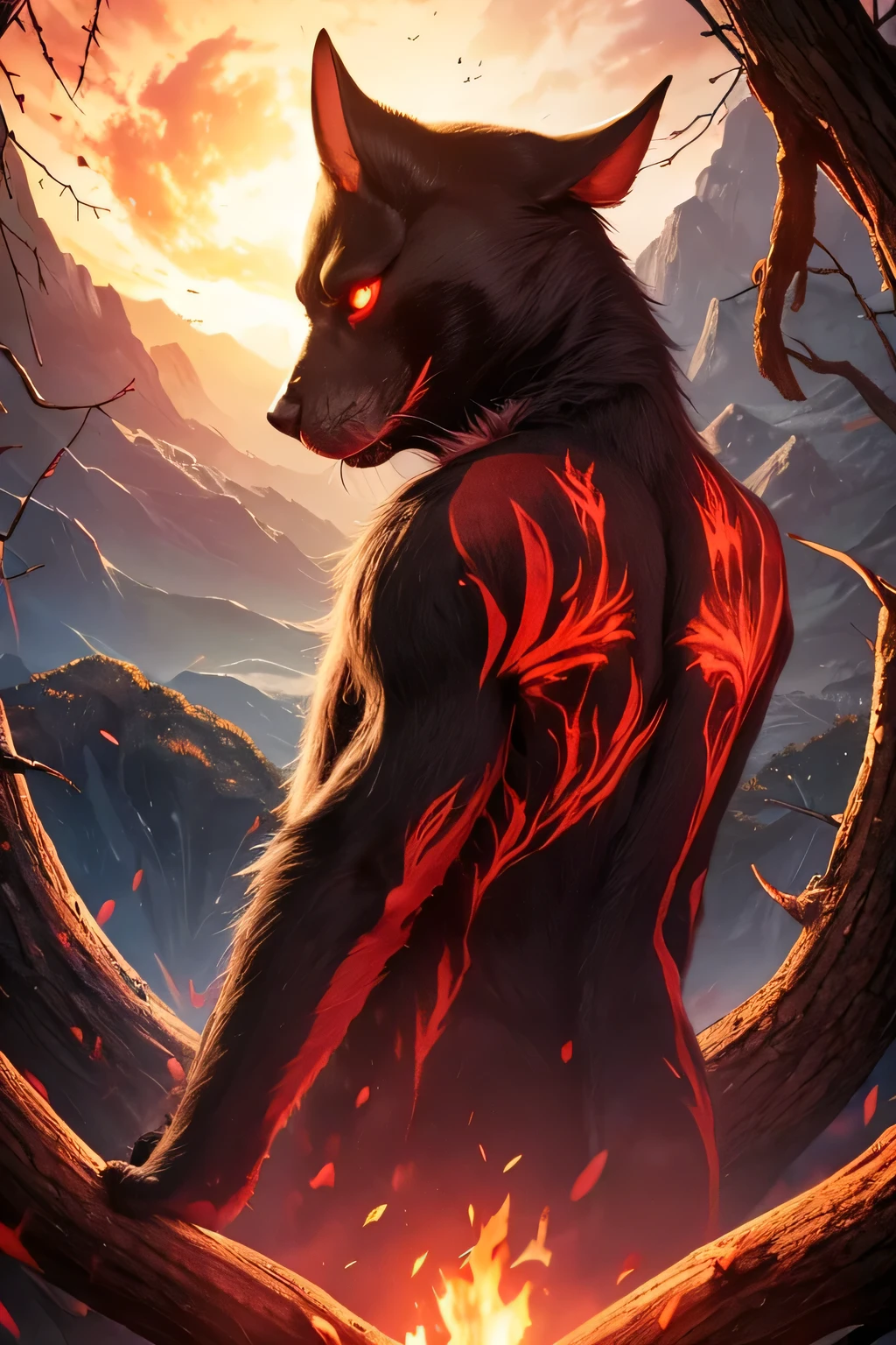 male alpha wolf in garden, black skin, red tattoo, waning moon tattoo on chest, ((heterochromia, blue left eye, red right eye)) dreamy background, kindness, (frightening), unlimited light, magnificent sunset background, octane render, beautiful features, beautifully detailed eyes, intricate skin, detailed face, perfect skin texture, extreme details, full body vision, cinematic lighting,  professional lighting, centered, looking at camera, 8k, shooting with Hasselblad X1D-50, maximum focus, depth of field, perfect lighting, light particles, (best quality), (masterpiece), (ultra detailed), sharp focus, light particles, standing, black shorts