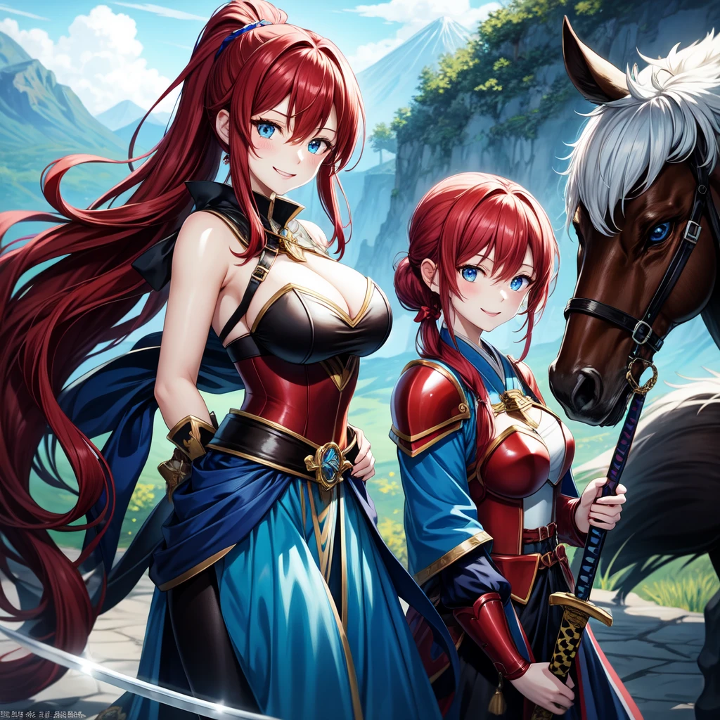 （masterpiece）、high resolution、21-year-old beauty female knight in red armor、Red hair in a ponytail、blue eyes、An inappropriate smile、Holding a Japanese sword、With a big wolf by his side。