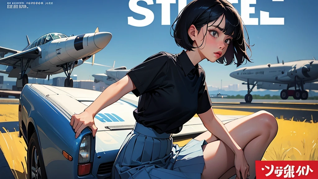 masterpiece,best quality,1 girl, Black_hair, blue_shirt, cover, cover_page, Forged_cover, Lips, Magazine_cover, actual, short_hair, short_sleeve, skirt, alone, White_skirt