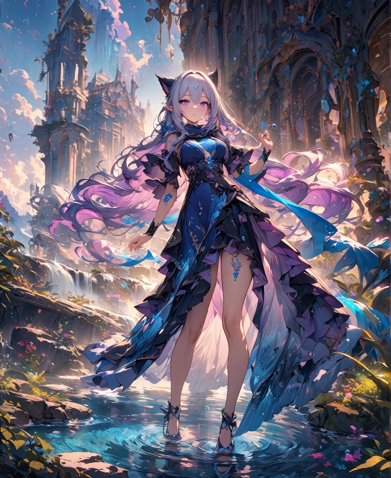 (masterpiece, illustration, best quality:1.5), insanely beautiful black ice SKADI little sister, 2 girls, yinji, purple hair, purple eyes, long hair, white hair, double braids, gradient hair, water blue body painting, global illumination, finely detailed, beautiful defined detailed face, beautiful detailed eyes, beautiful detailed shading, highly Detailed body, finely detailed, (3_water_droplets), tilted halos, full body, body lightly covered with frost, frosty wild hair, water elements, water drops, water ,pointy ears, majestic dress, blue makeup , jowelery, and wet atmosphere, , full body focus, beautifully detailed background, cinematic, K, UHD, by Li Yue, pink and blue gems , transparent sky blue scarf , royal blue dress, neko ears