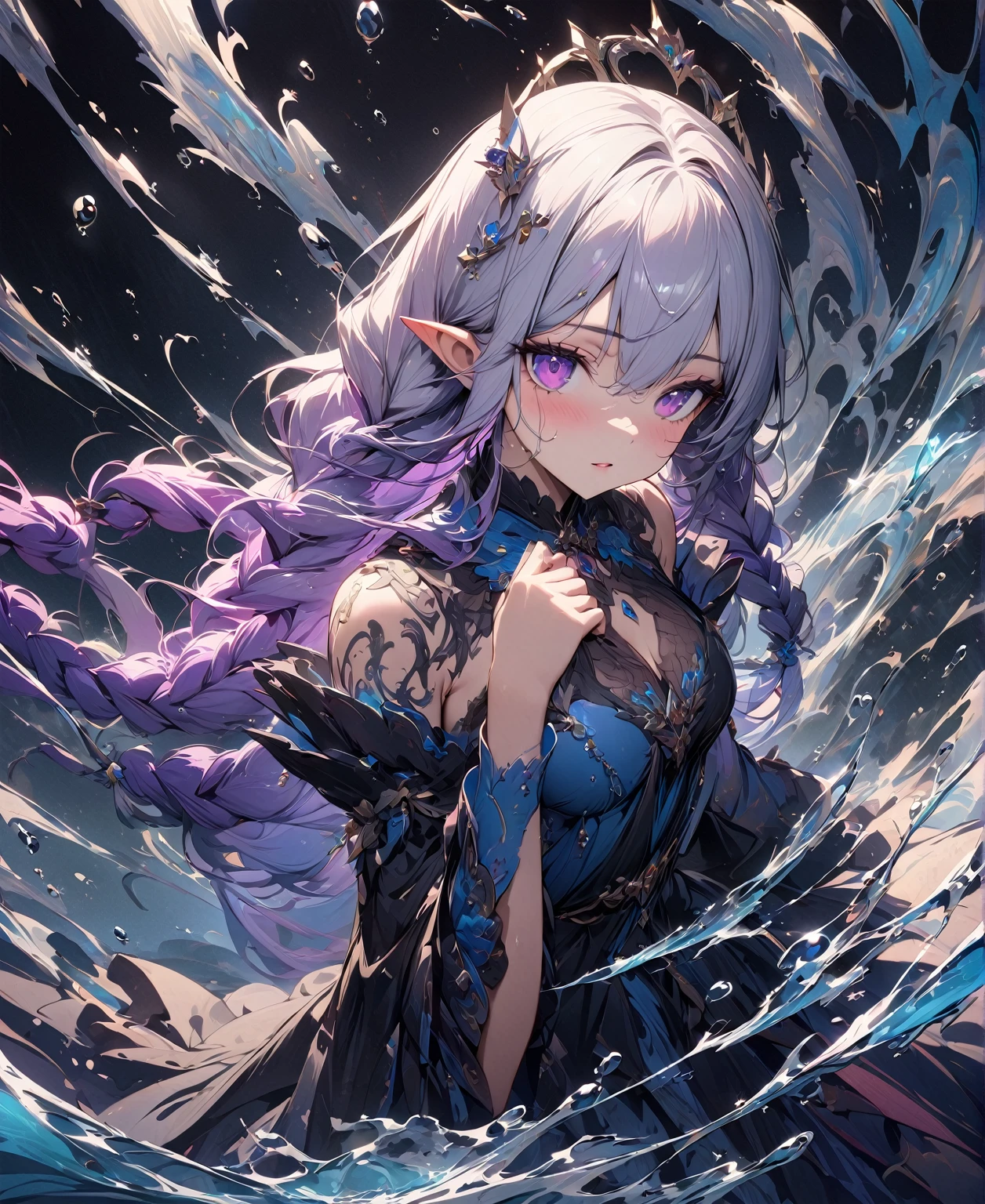 (masterpiece, illustration, best quality:1.5), insanely beautiful black ice SKADI little sister, 2 girls, yinji, purple hair, purple eyes, long hair, white hair, double braids, gradient hair, water blue body painting, global illumination, finely detailed, beautiful defined detailed face, beautiful detailed eyes, beautiful detailed shading, highly Detailed body, finely detailed, (3_water_droplets), tilted halos, full body, body lightly covered with frost, frosty wild hair, water elements, water drops, water ,pointy ears, majestic dress, blue makeup , jowelery, and wet atmosphere, , full body focus, beautifully detailed background, cinematic, K, UHD, by Li Yue, pink and blue gems , transparent sky blue scarf , royal blue dress, neko ears