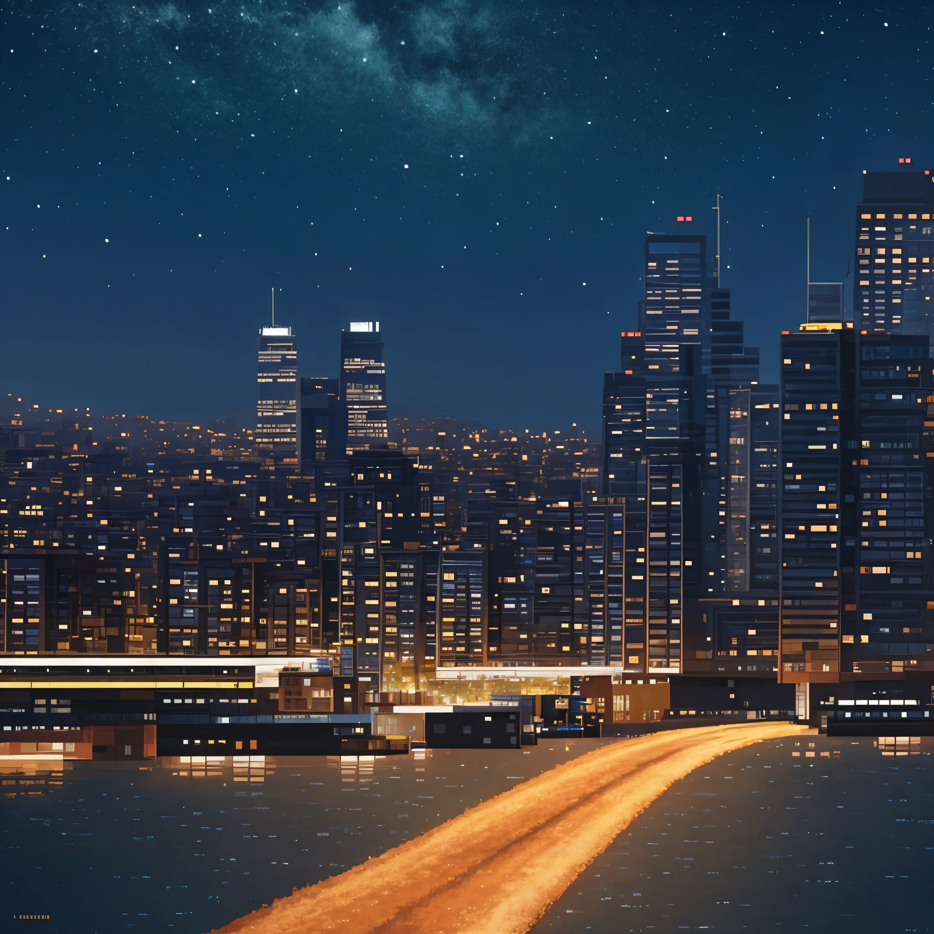 modern dense city skyline, multiple skyscrapers and office buildings, pixel world, night time