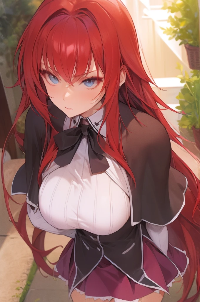 masterpiece, best quality, high quality, highres, outdoors, day, upper body, looking at viewer, solo, focused, BREAK, ANIME_DxD_Rias_Gremory_ownwaifu, 1girl, bangs, long hair, red hair, breasts, large breasts, rias gremory, blue eyes, hair between eyes, very long hair, collarbone, hair intakes, hair over breasts, black capelet, black corset, collared shirt, kuoh academy , layered skirt, underbust, , skirt, shirt, long sleeves, purple skirt, ribbon, miniskirt, neck ribbon, thighhighs, black ribbon,
