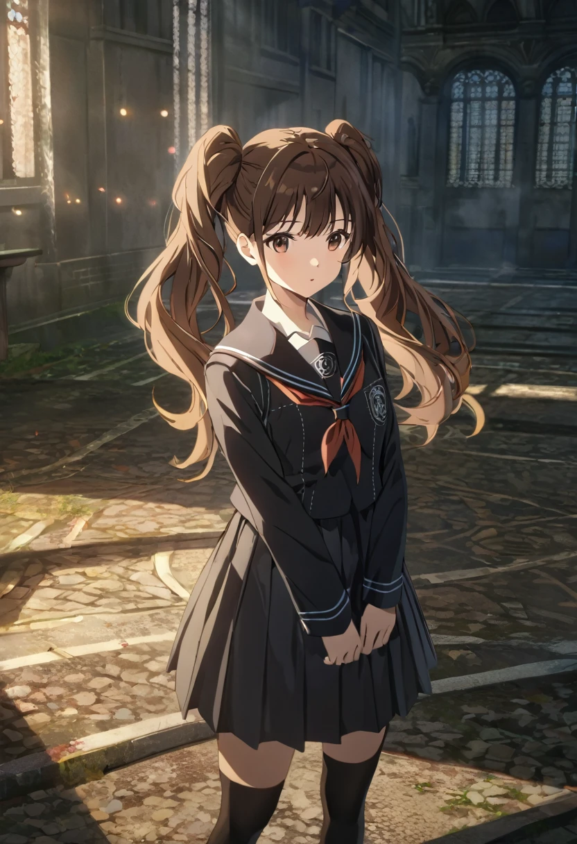 ,(upperbody:1),dsrise, brown hair, long hair, twintails, brown eyes, yasogami , serafuku, black thighhighs, 1girl, solo ,standing, school,ground, (cinematic), anime screencap:0.8, official art, masterpiece, best quality,UHD,HDR,intricate detailed,aesthetic,very aesthetic,,