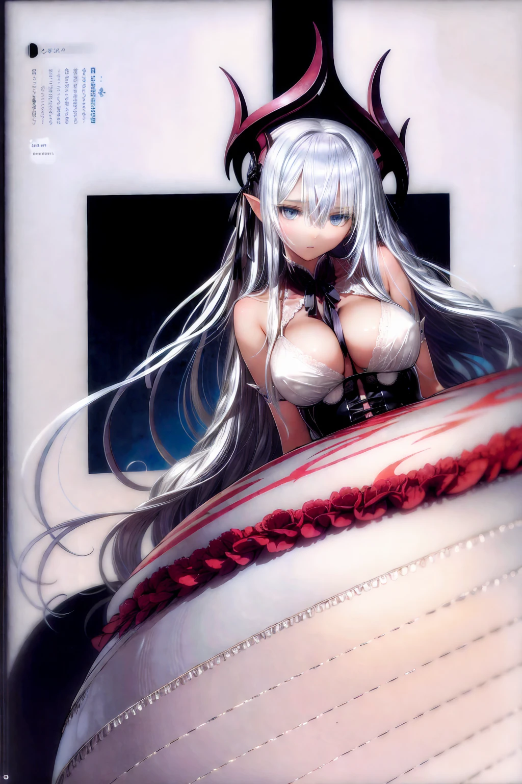((1 demoness))), ((blue eyes)), ((long silver hair)), large breasts, curvy hips, perfectly drawn body, seductive, white lingerie, adorned with blue roses, best quality, masterpiece, ultra-detailed