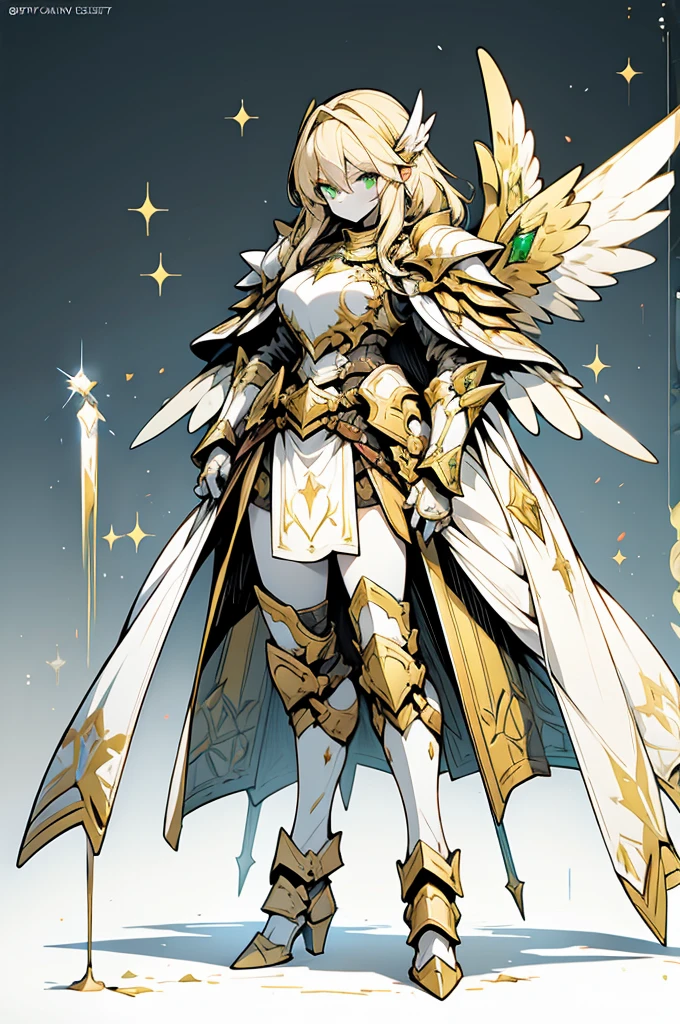 female valkirie knight, full body art, blonde hair, white skin, emerald eye, knight full plate adorned armor, white cape, perfectly detailed, plasma wings.