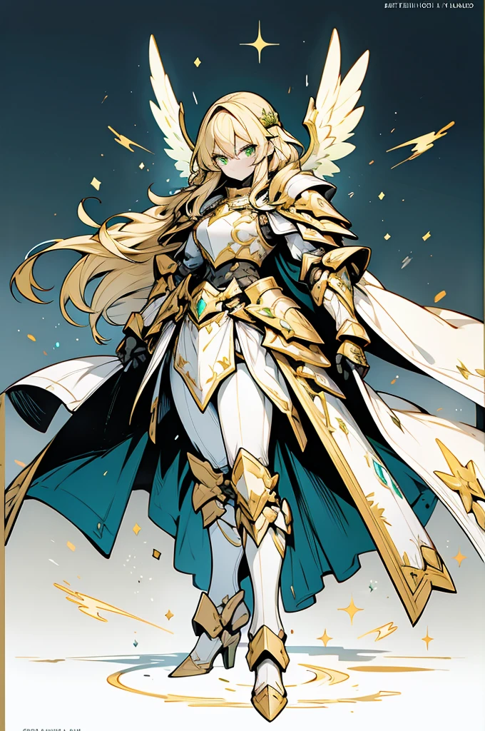 female valkirie knight, full body art, blonde hair, white skin, emerald eye, knight full plate adorned armor, white cape, perfectly detailed, plasma wings.