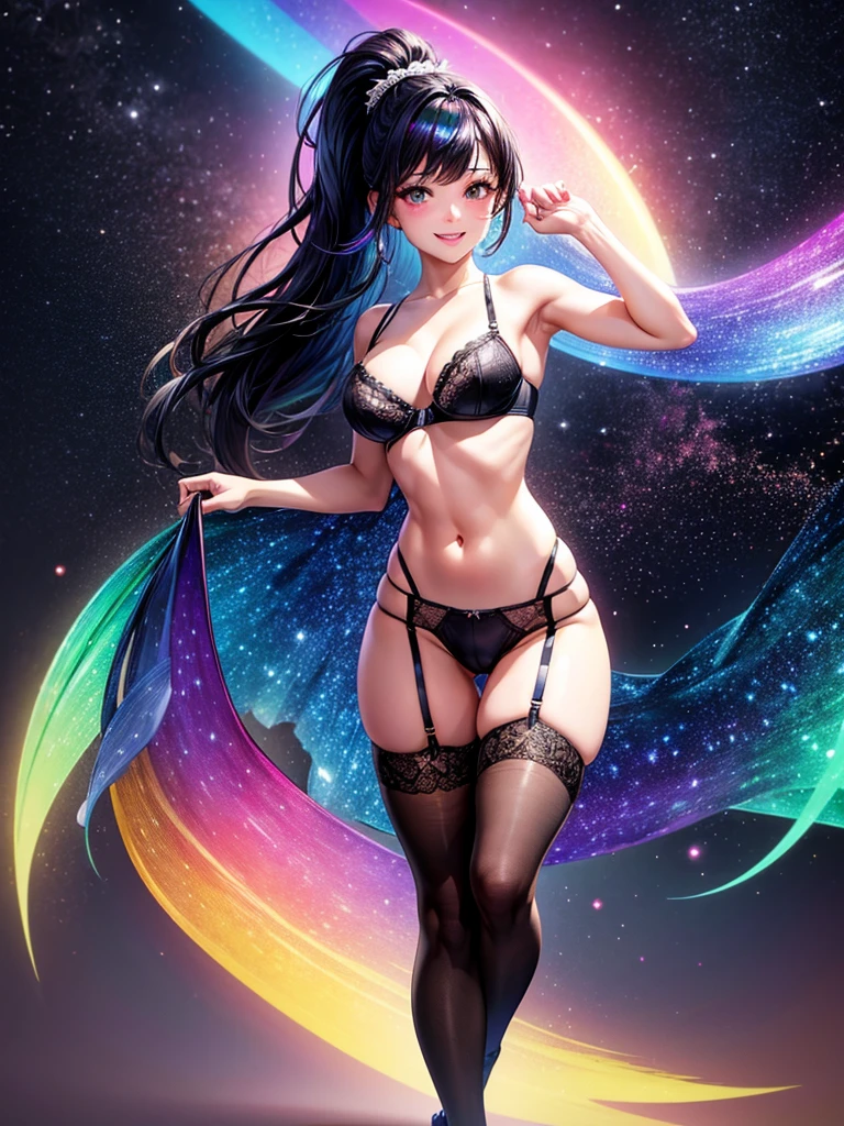 Highest quality,Highest Resolution,4K quality,Smiling beautiful girl,Full body close-up,Starry Eyes,Black hair ponytail,,Iridescent Bra,High leg,Rainbow garter belt,Rainbow colored knee-high stockings,Dark bedroom at night,Iridescent underwear,Standing posture,