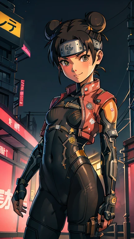 (8k),(masterpiece),(Japanese),(-yeld gi,((innocent look)),((Childish)),From the front,smile,cute,Innocent,Kind eyes,Flat chest,Hairless vagina, no bra, no Panties,Cameltoe, Tenten wearing Cyberpunk Bodysuit,Short,Hair blowing in the wind,Dark brown Bun Hair,Strong wind,night,dark, Neon light cyberpunk Konoha village