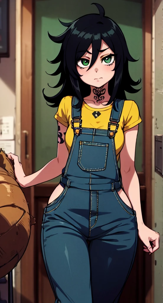 masterpiece, best quality, 1girl, ((young girl)), shiny skin, (thin waist), ((curvy)), ((wide hips)), ((small size)), hot, soft natural lighting, reflections, bright illuminations, full body, (((sexy yellow overalls))), (((tatoo on thigh))) navel, big long black hair, tomoko, sexy, slim figure, Detailed green eyes, Detailed face, Detailed eyes, tomoko kuroki, watamote, bare arms