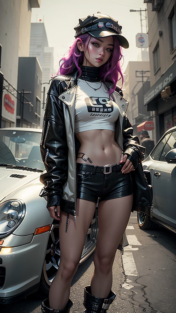 Beautiful woman medium hair, wearing cap, cyberpunk style short clothes in a porsche 911