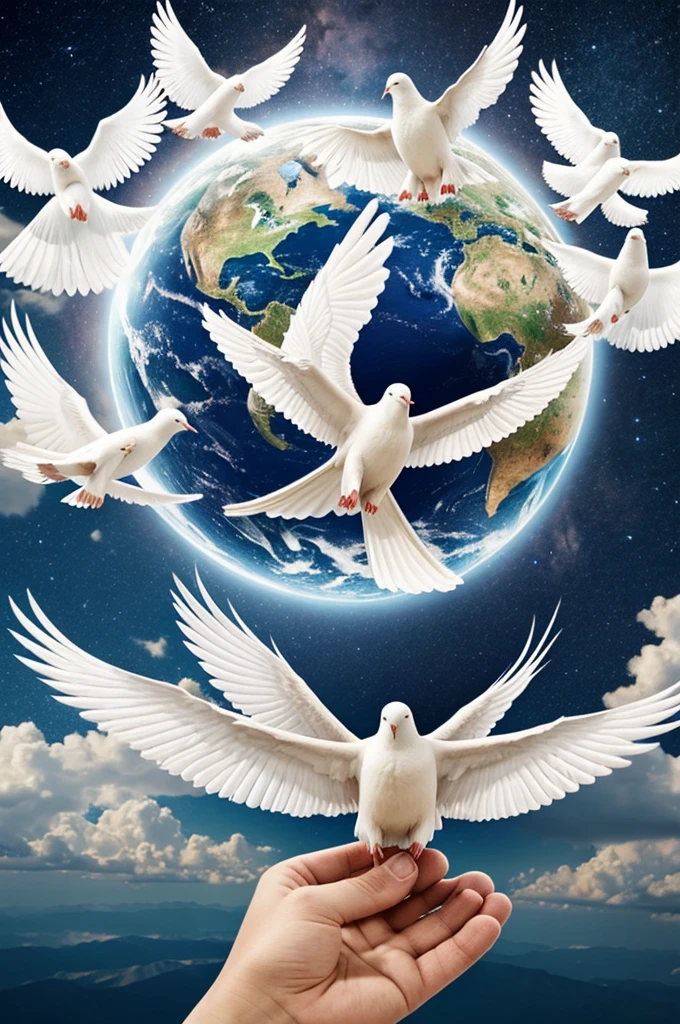 On a majestic background without any type of text there must be: From the base, some hands holding the Bible, the world emerges above the Bible, and above the world the white dove, which is the Holy Spirit.. 