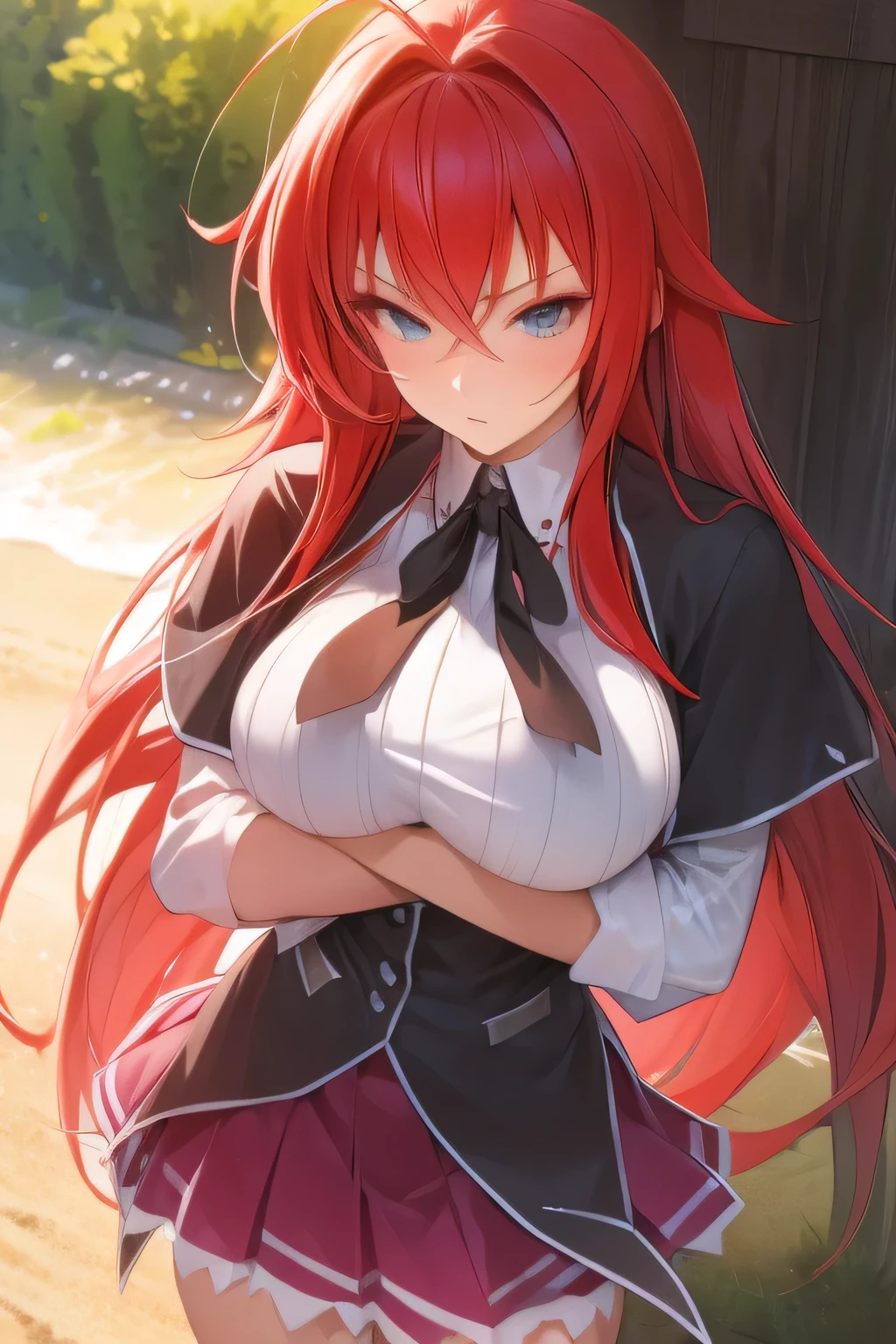 masterpiece, best quality, high quality, highres, outdoors, day, upper body, looking at viewer, solo, focused, BREAK, ANIME_DxD_Rias_Gremory_ownwaifu, 1girl, bangs, long hair, red hair, breasts, large breasts, rias gremory, blue eyes, hair between eyes, very long hair, collarbone, hair intakes, hair over breasts, black capelet, black corset, collared shirt, kuoh academy , layered skirt, underbust, , skirt, shirt, long sleeves, purple skirt, ribbon, miniskirt, neck ribbon, thighhighs, black ribbon,
