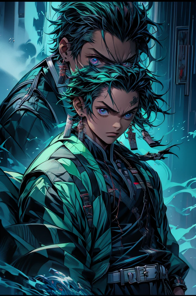 tanjiro, 1male, 1boy, samurai, wearing a green cyberpunk jacket, blue sword, blue fire and aura around him, cyberpunk theme, 4k, ultra sharp
