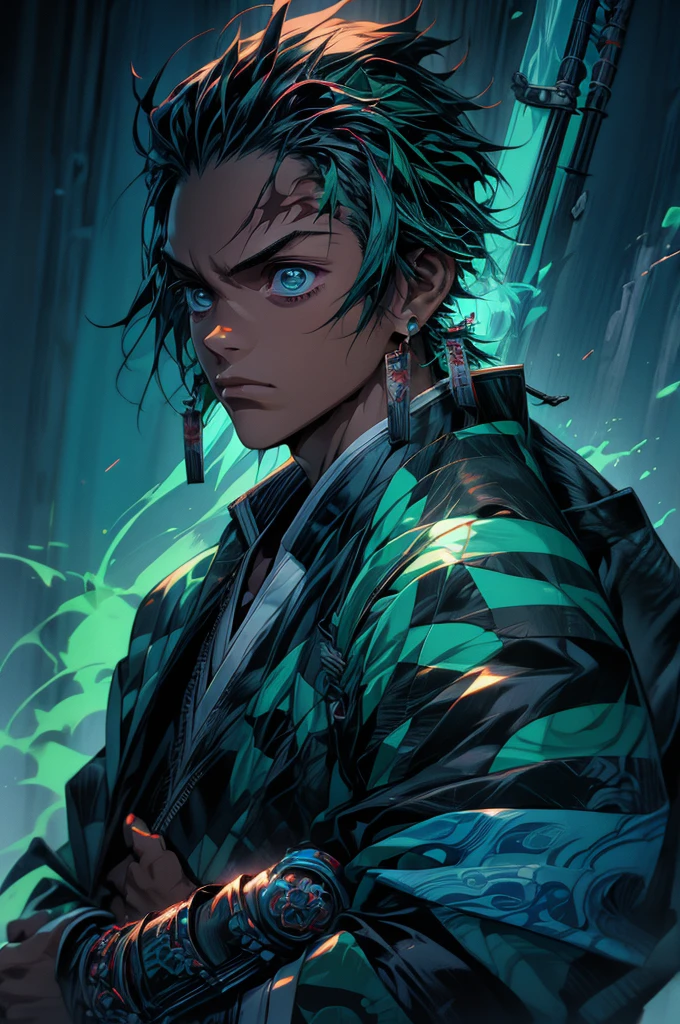 tanjiro, 1male, 1boy, samurai, wearing a green cyberpunk jacket, blue sword, blue fire and aura around him, cyberpunk theme, 4k, ultra sharp