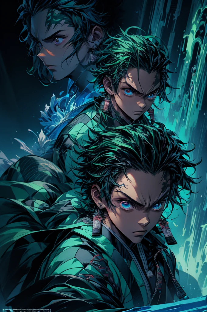 tanjiro, 1male, 1boy, samurai, wearing a green cyberpunk jacket, blue sword, blue fire and aura around him, cyberpunk theme, 4k, ultra sharp
