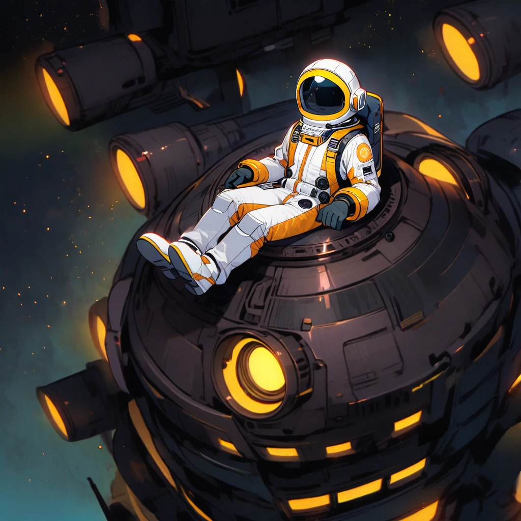 (well done:1) man, white astronaut costume with yellow details.  sitting on top of a space base