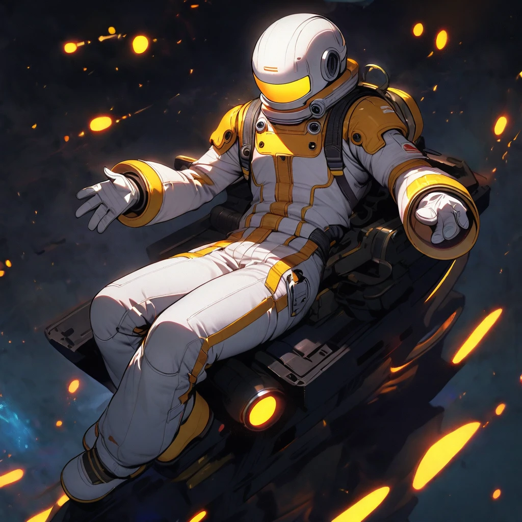 (well done:1) man, white astronaut costume with yellow details. sitting on top of a space base