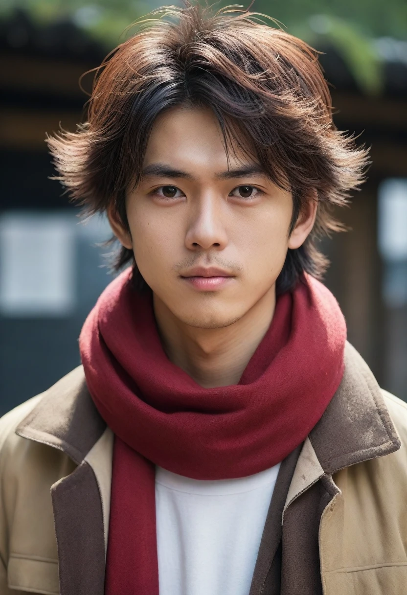 1man, perfect face, Young Japanese man wearing a red scarf and a somewhat old and worn brown jacket, best quality ,masterpiece, illustration, extremely detailed ,CG ,unity ,8k wallpaper, Amazing, finely detail, masterpiece,best quality,official art,extremely detailed CG unity 8k wallpaper,absurdres, incredibly absurdres, huge filesize, ultra-detailed, highres, extremely detailed, messy hair, japanese boy, japan young man, completely white t-shirt, battered red scarf, ryoma nagare, cream coat,18yo, 18 years old, age 18,