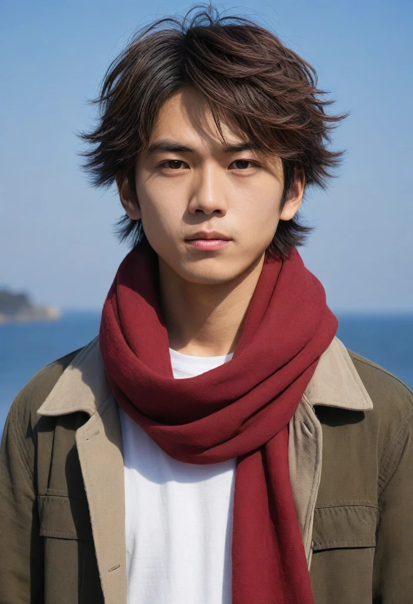 1man, perfect face, Young Japanese man wearing a red scarf and a somewhat old and worn brown jacket, best quality ,masterpiece, illustration, extremely detailed ,CG ,unity ,8k wallpaper, Amazing, finely detail, masterpiece,best quality,official art,extremely detailed CG unity 8k wallpaper,absurdres, incredibly absurdres, huge filesize, ultra-detailed, highres, extremely detailed, messy hair, japanese boy, japan young man, completely white t-shirt, battered red scarf, ryoma nagare, cream coat,18yo, 18 years old, age 18,