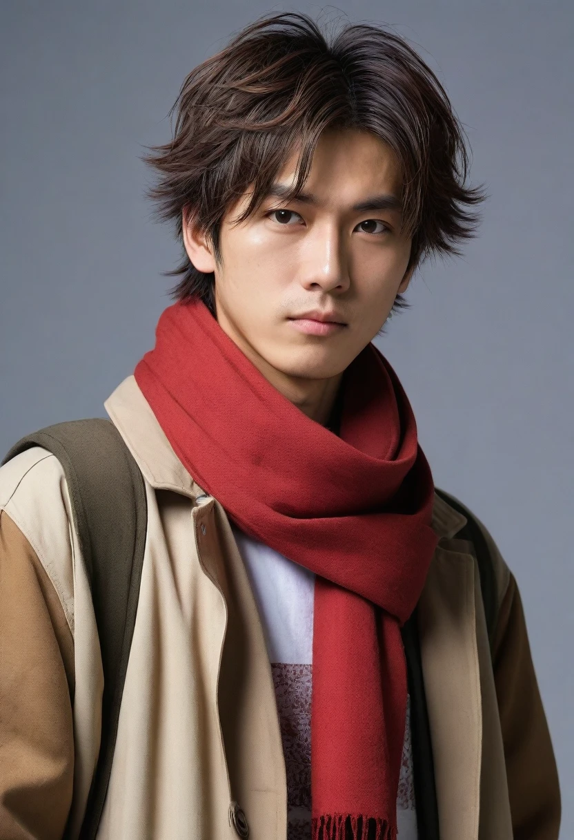 1man, perfect face, Young Japanese man wearing a red scarf and a somewhat old and worn brown jacket, best quality ,masterpiece, illustration, extremely detailed ,CG ,unity ,8k wallpaper, Amazing, finely detail, masterpiece,best quality,official art,extremely detailed CG unity 8k wallpaper,absurdres, incredibly absurdres, huge filesize, ultra-detailed, highres, extremely detailed, messy hair, japanese boy, japan young man, completely white t-shirt, battered red scarf, ryoma nagare, cream coat,18yo, 18 years old, age 18,
