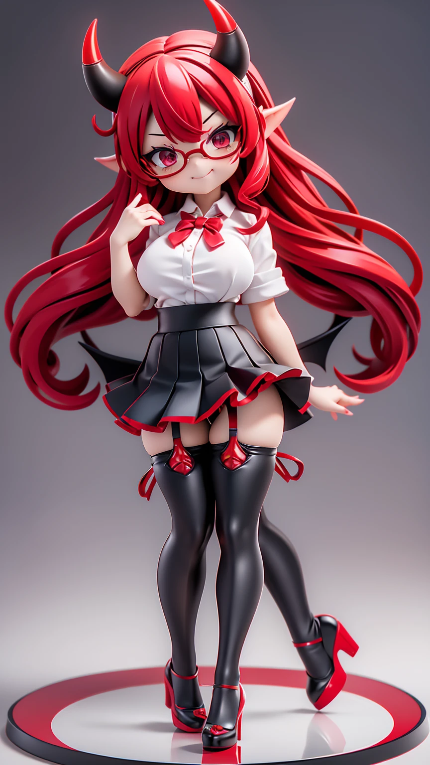 work, best quality, girl, red demon, oni, horns, little devil, a little scary, spooky, long hair alternative, bob hair, red hair, bow hair, aqua eyes, glasses, teacher, teacher unigorm, seductive smile, Tongue, black eyes, long eyelashes, big breasts, There is a mole on the chest, White shirt, black skirt, high heeled, shoe, period, hair ribbon, flower ribbon, hair_ribbon, hair_ribbon, hair_flower, tall, ((stockings opaque:1.4))