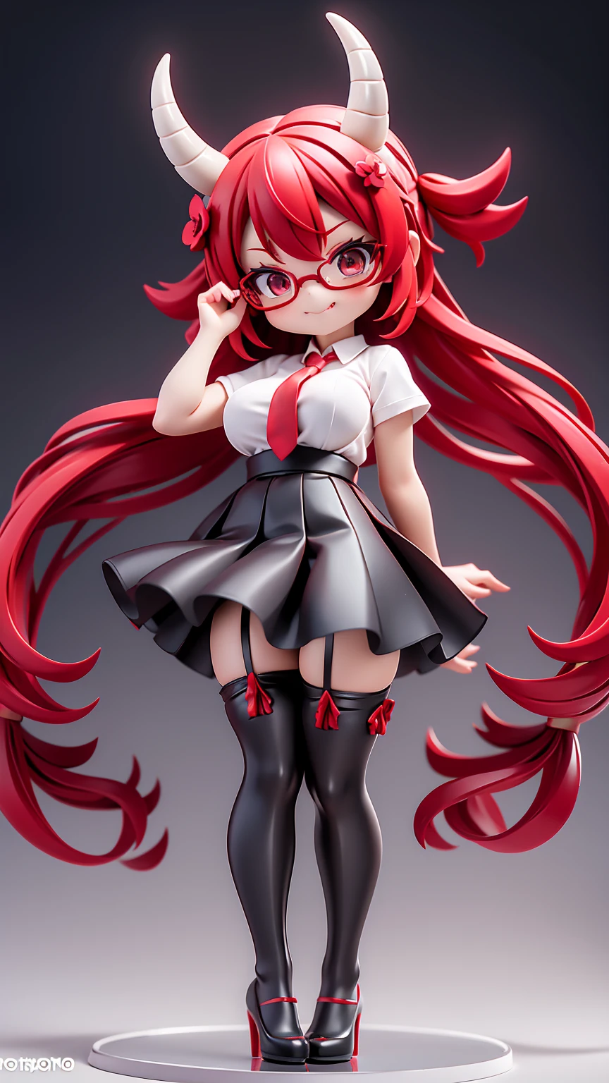 work, best quality, girl, red demon, oni, horns, little devil, a little scary, spooky, long hair alternative, bob hair, red hair, bow hair, aqua eyes, glasses, teacher, teacher unigorm, seductive smile, Tongue, black eyes, long eyelashes, big breasts, There is a mole on the chest, White shirt, black skirt, high heeled, shoe, period, hair ribbon, flower ribbon, hair_ribbon, hair_ribbon, hair_flower, tall, ((stockings opaque:1.4))